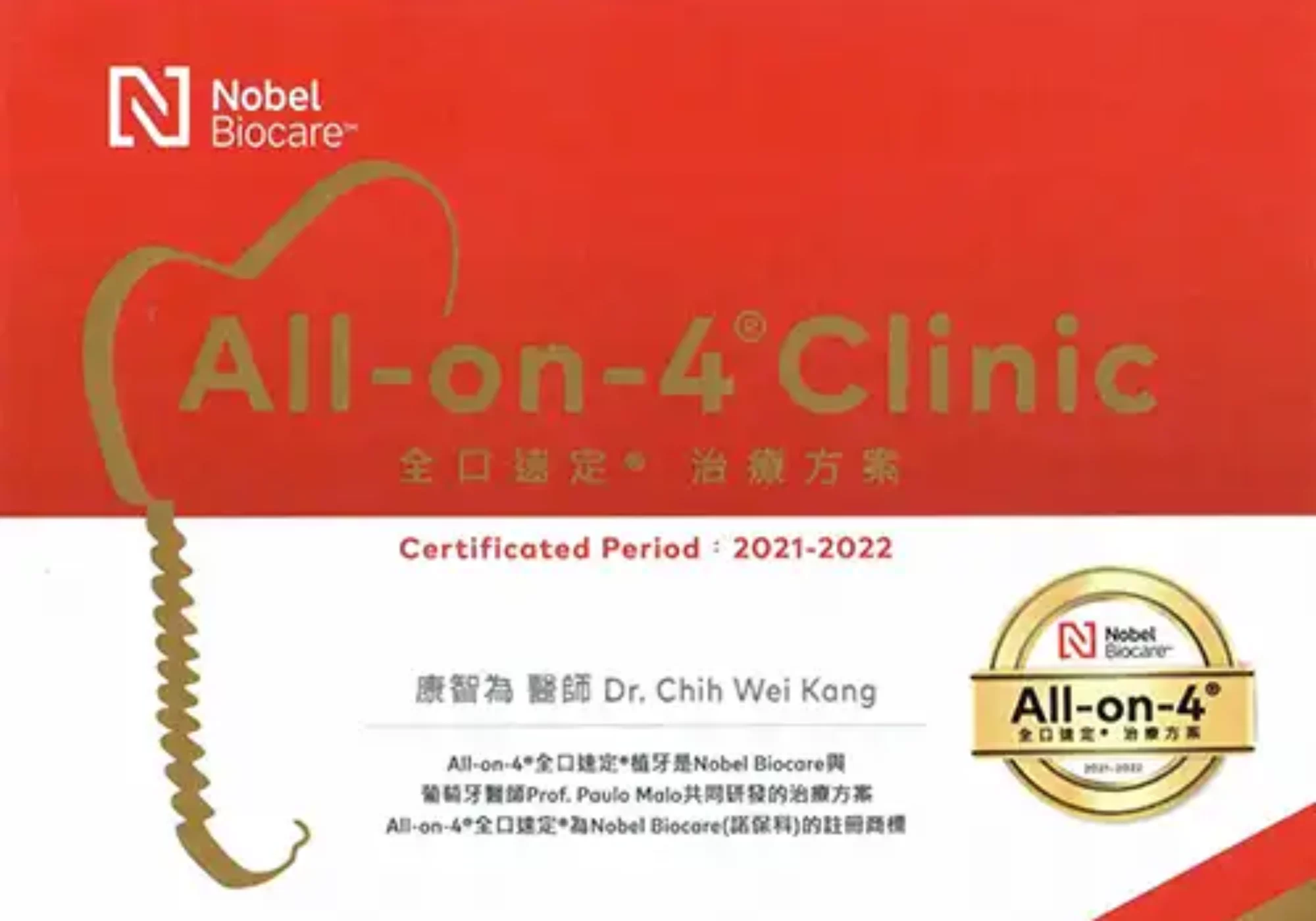 康智為醫師-2020年 NobelBiocare All-on-4 Clinic認證